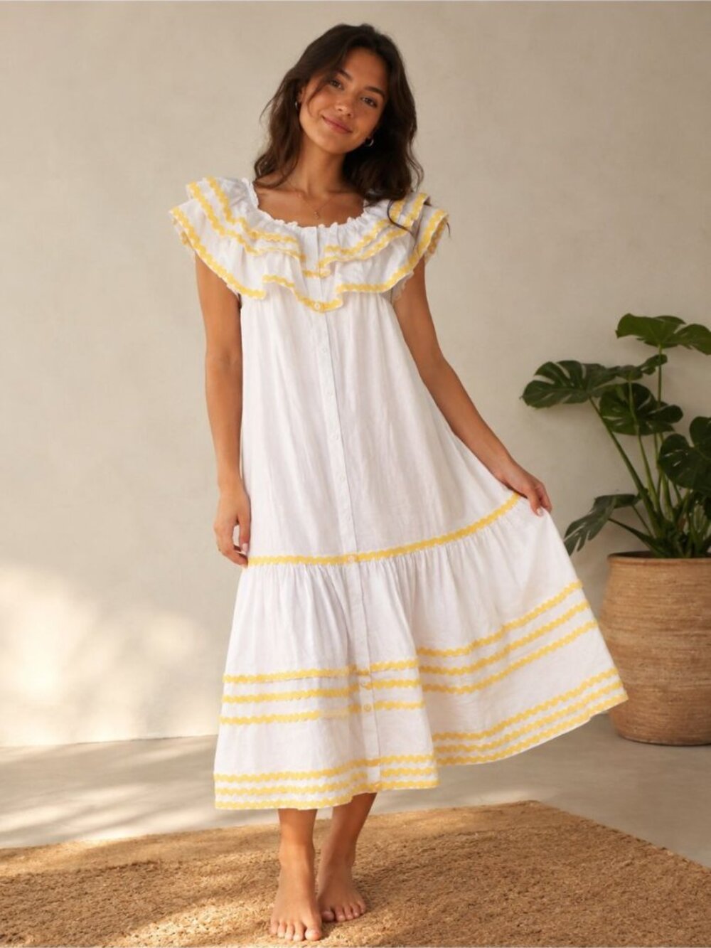 Lisa Marie Fernandez Target Large Yellow White Ruffle Off Shoulder Linen Dress